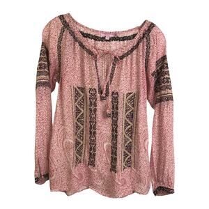 Calypso Blouse Womens XS Red Floral Embroidered Tassel‎ Tie Scoop Neck XS